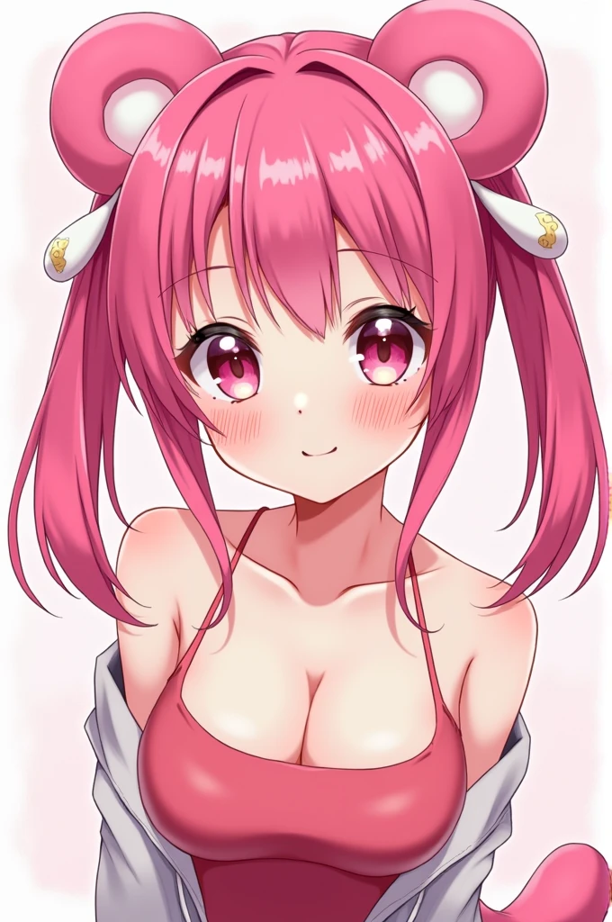 Pink bear ears, pink twin tails, chest emphasis, tank top emphasis, top angle, no hands, face front close-up emphasis, no background, anime girl