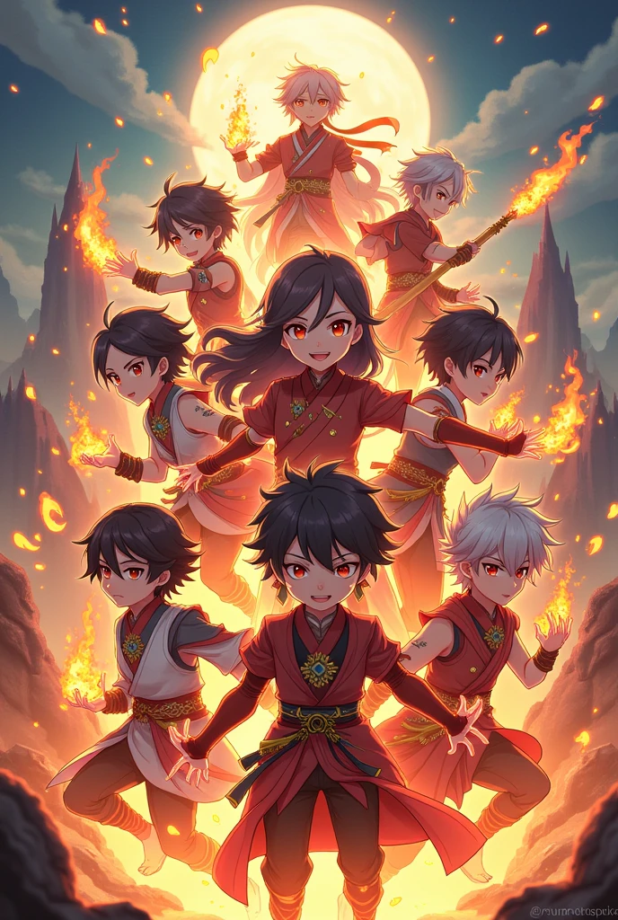 Create 10 fire boy characters in the style of Genshin Impact