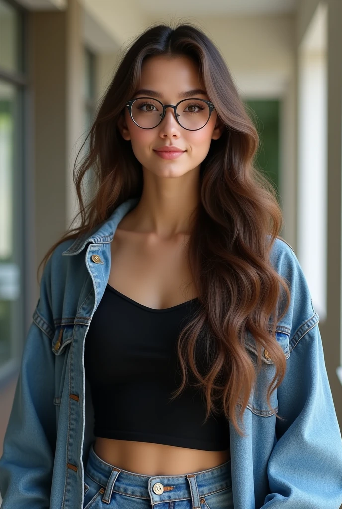 Women with long hair ,age 35,height 5.2 inch,weight 55 kg,wearing glasses,wearing mom jeans and black top and a jeans jacket ,fair colour women