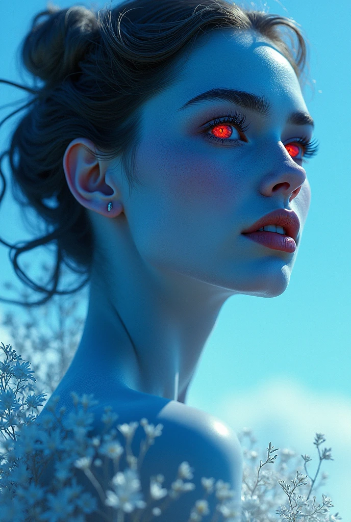 Blue skin woman, Red iris, flowered dress, clear sky day, close to the face,