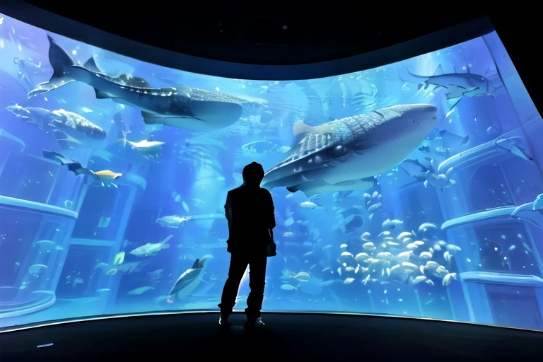 Highest quality, Very detailed, figure,
Kaiyukan, aquarium, aquarium, Blue Theme, fish, silhouette, One boy, short hair, One girl, From behind, bag, Are standing, scenery, Hand in hand, whale shark
, silhouette,