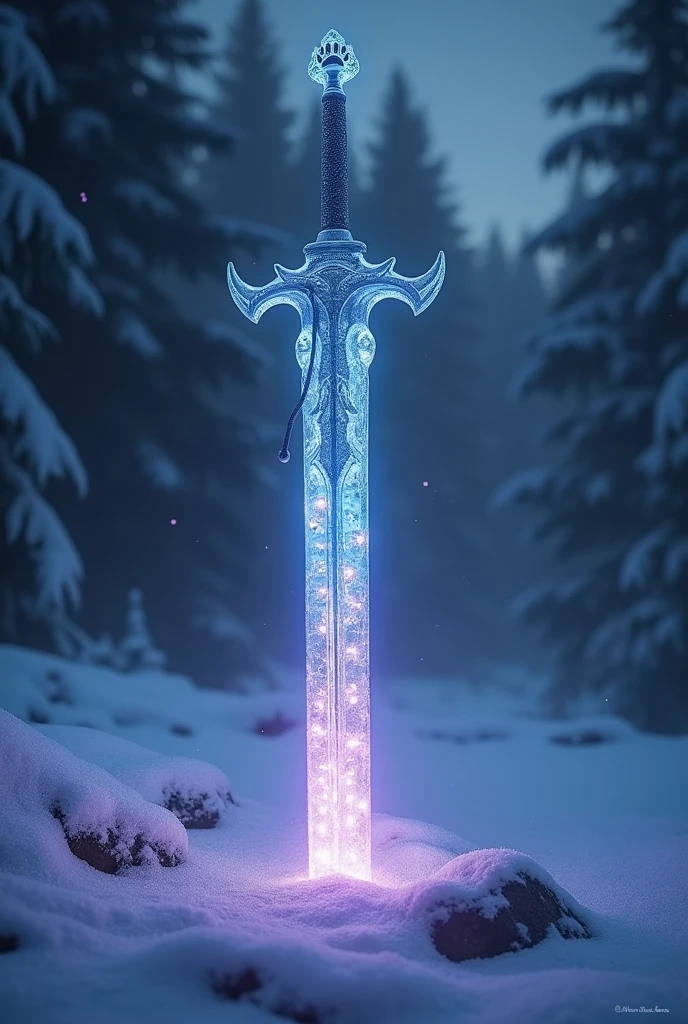 A sword large enough for a human to hold、Realistic、With icy blue reflections. The handle is very elegantly decorated、It's like it's made of ice. The top of the blade has bear paw prints engraved on it.、Snow Mountain、The sheath is long、The sword is on the ground、night、It emits a purple miasma