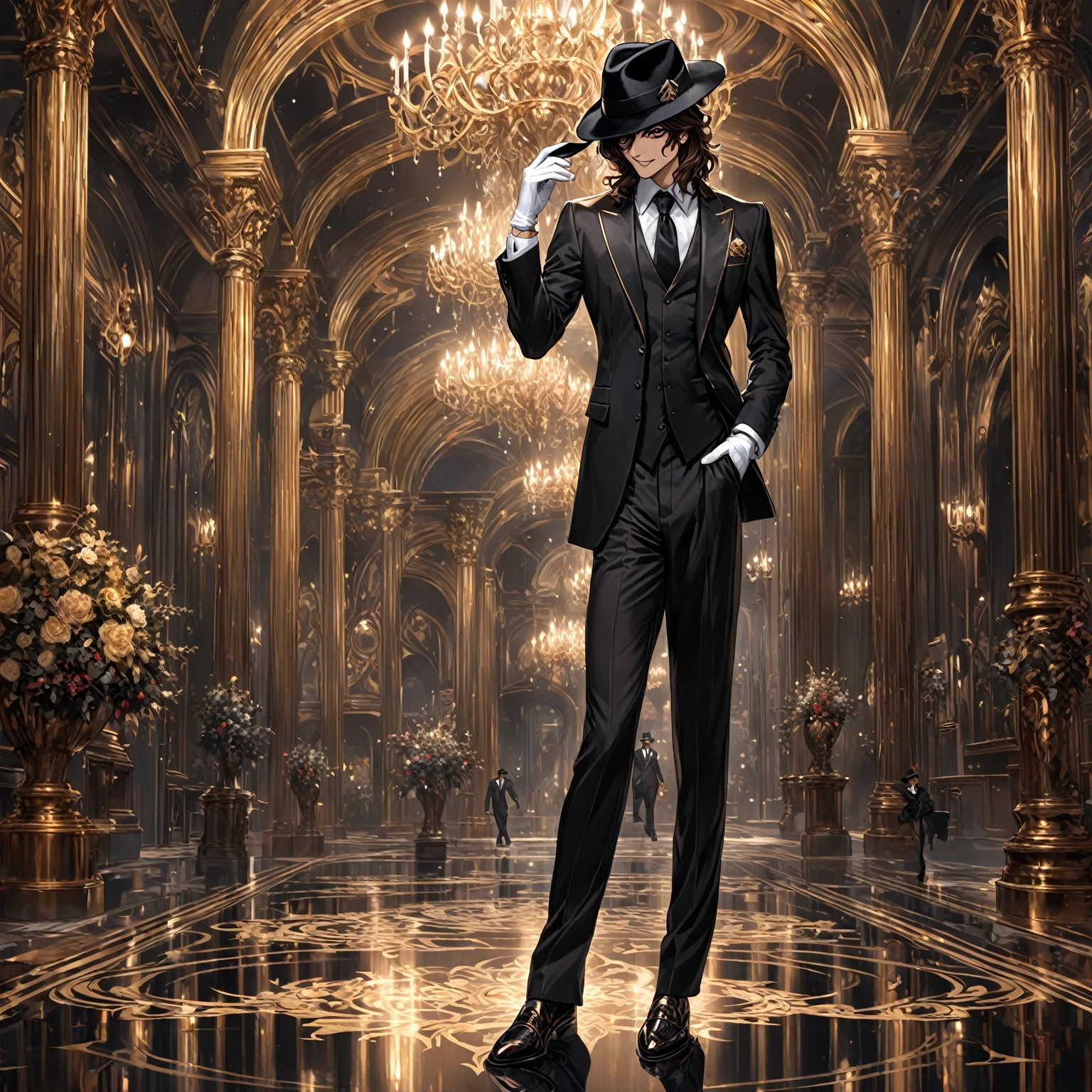 masterpiece, best quality, good quality, Highly detailed, shadowverse style, male, brown eyes, brown hair, modern aesthetic, evil smile, black formal suit with tie, white gloves, full body art, painted toe nails, wear black fedora hat, standing pose, solo, hand holding hat, michael jackson style hair