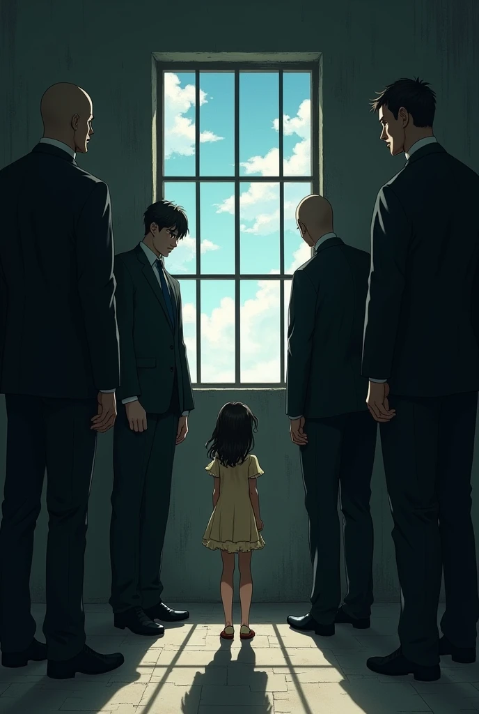 (((Petite fille qui regarde le ciel par une fenêtre de prison) se tenant debout devant 5 hommes le visage caché) dans une pièce sombre)