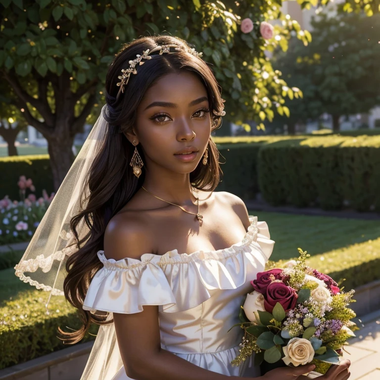 (masterpiece, best quality:1.5), highest quality, High resolution, super detailed, Realists, Upper body photo of a 22 year old black flower girl, dark skin, detailed and beautiful eyes, beautiful detailed lips, very detailed eyes and face, longeyelashes, 22-year-old woman in a brown short dress made of brown shiny satin fabric, Beautiful and colorful makeup, elegant and noble々Pose,shiny satin headband, grind, Holding flowers, Gardens as background, soft daylight, bright colors, fine brushstrokes, Portrait style, Noble details in the dress fabric, beautiful color palette, glowing skin, First-class rendering, that captures every detail, enchanting atmosphere, subtle shadows and lights, (perfect anatomy:1.2), (The stunning 22-year-old flower girl carries a basket of rose petals. Looks surprised (magnificent panorama view:1.2)