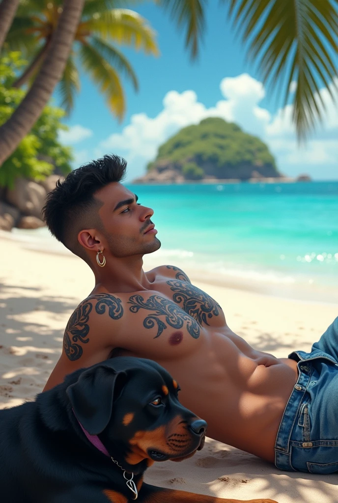 A shark boy gentlemen on the beach island
Chill with his rotweiler dog