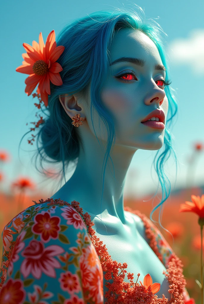 Blue skin woman, Red iris, flowered dress, clear sky day, close to the face, clarity