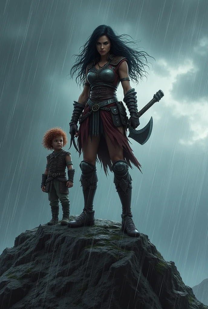 On a mountain, in rainy weather, a female warrior with very long black hair has an aggressive attitude and she holds an axe in her hand, Behind her stands a small boy child with curly red hair 
