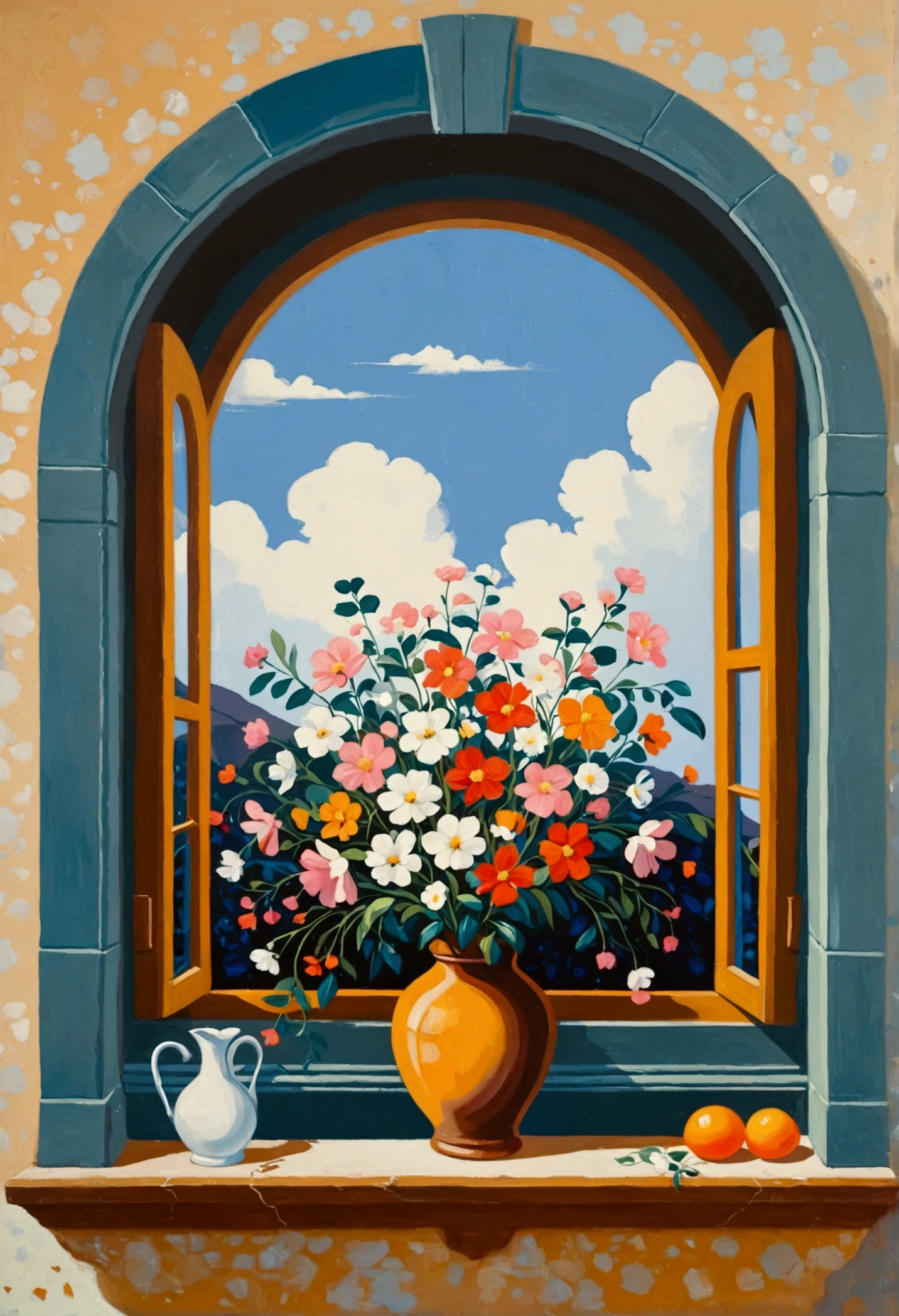A painting:Flowers on the window, (((Negative Space:2)))