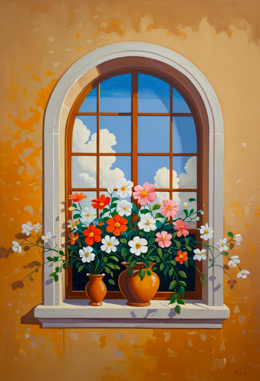 A painting：Flowers on the window, (((Negative Space：2)))