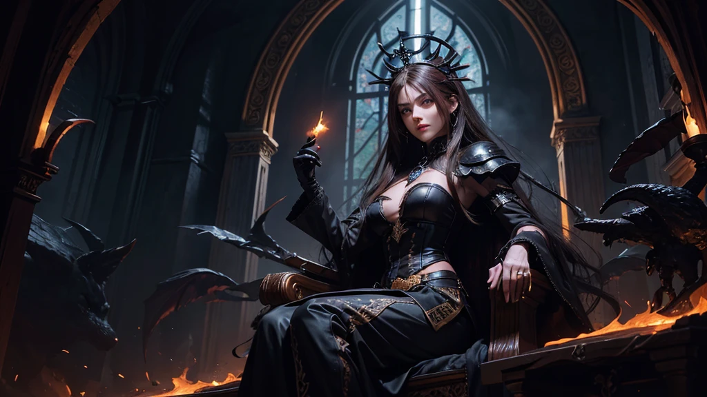 RAW Photos,black light, hair blonde, dark surroundings, Dark masterpiece, mulher fair brown-skinned, SITTING ON A THRONE, black roses, posing photo, long hair, hair blonde, black witchcraft, red geometric shiny background, full body size, Eastern fantasy theme, Eyes red, underworld, cold stare, Dark clothes, long and tight, fair brown-skinned, color classification, dark illustration, extreme quality, Radiant, extremely detaild, Face ultra detailed, ultra hd 8k, ultradigitality, mythical, black lightning, Conceital Art Portrait of Greg Rutkowski, artgerm, hyperdetailed, intricately detailed Gothic art, dark gothic fantasy style, triadic colors, Fantastic, intricate-detail, opening screen, colors complementary, fantasy concept art, 8K resolution, masterpiece of gothic deviantart, Heavy strokes, soft lighting, Surrealism