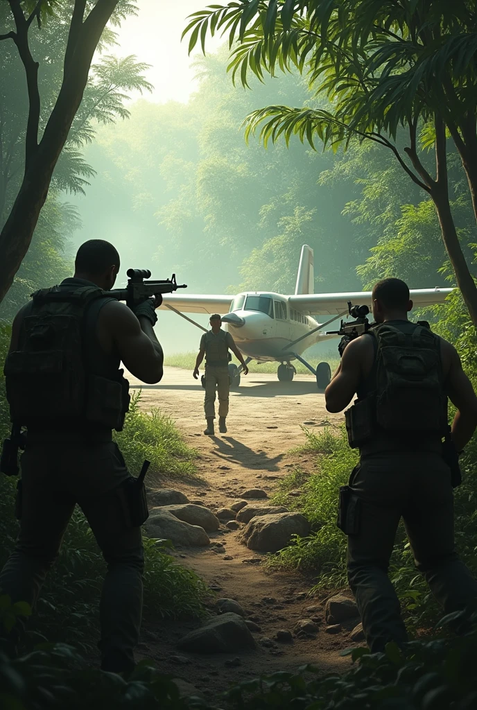 Image 1: A chaotic scene at the airstrip with gunmen emerging from the jungle, taking aim at Ryan's group.