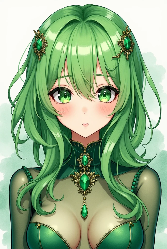 A captivating female with vibrant green hair and fascinating anime-inspired features. The topic is confidently pristine, her lush green tide dress with a plunging neckline featuring a turtleneck and delicate emerald accents , creating an enchanting world of shades The intricate details and enigmatic character cartoon fashion watercolor high socks green tones