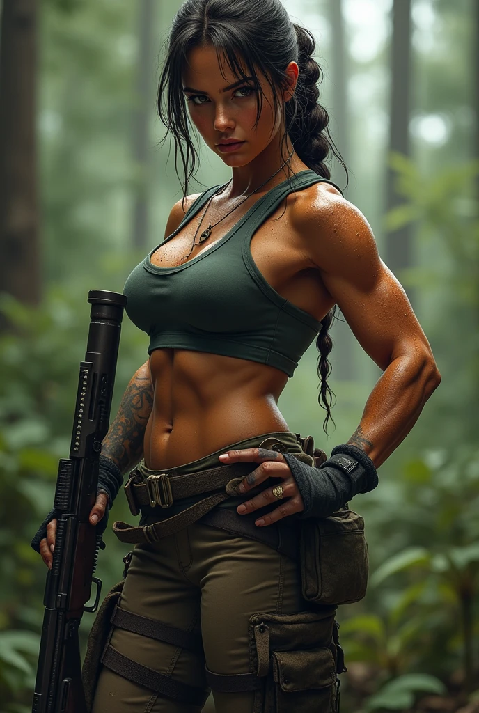 full bod of a woman who is lara croft, long brown ponytail, brown eyes, girlish face, long graceful neck, red lips, long muscular thighs, short tight brown leather shorts, pale green sleeveless torn t-shirt, brown leather boots, art by Karol Bak, bird fighter, ultra-realistic hyper-realistic, edge lighting, perfect contrast, high sharpness, ultra detailed photography, global illumination, smooth, ultra high definition, unreal engine 5, ultra sharp focus, award-winning photo in the jungle, pain, realism, digital art, cinematic, depth of field, 35mm, from side, Masterpiece, 8k, masterpiece, UHD