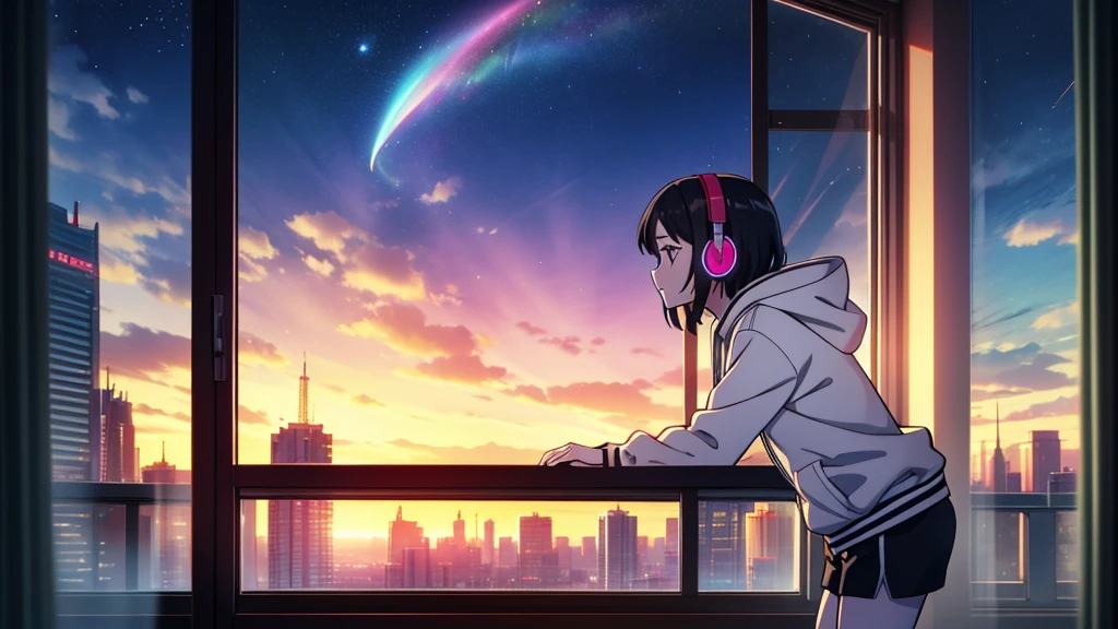 masterpiece, best quality, high quality, detailed, ultra detailed, hyper detailed, insanely detailed, exquisite, beautiful, FHD, Full-HD, 4K, 8K, 16K, highres, absurdres, skyscraper, city, a girl, intelligent, serious look, side view, I'm wearing headphones,short hair, black hair, black eyes, pale skin, hoodie, shorts, beauty mark, in the room, with a window, with a starry sky, with a comet, at night, beautiful