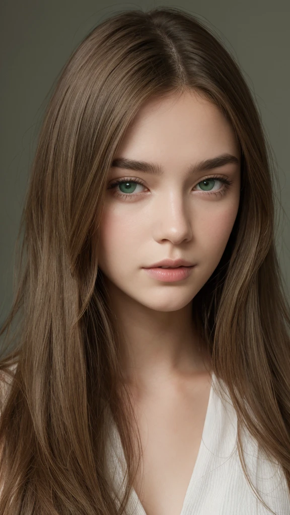 face portrait. a girl. european. half-closed eyes. green eyes. oval face. delicate features. long face. long straight hair. messy hair. green hair. happy. looking straight