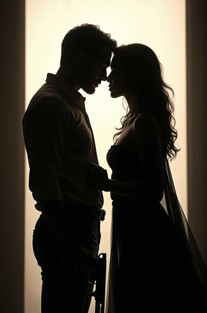 ((best quality)), ((masterpiece)), (detailed), Create a dramatic, silhouetted scene featuring two figures in an intense moment of connection, their faces close together as if about to kiss. One of the figures holds a gun, taller than the other, adding an element of danger and intrigue to the scene. The background is a stark, lighted rectangle, contrasting with the dark silhouettes of the characters. The overall atmosphere should be mysterious and charged with tension, hinting at a story of forbidden love or a dangerous alliance.