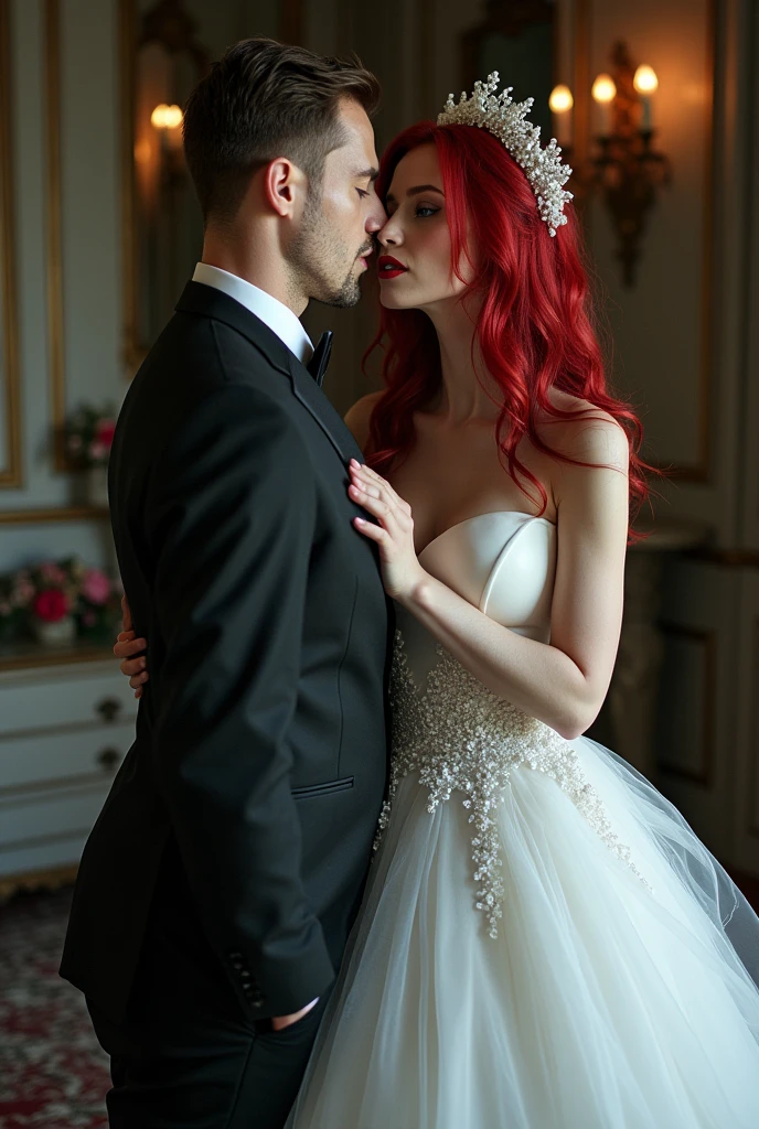a picture of a vampire bride biting her groom, a female vampire bride (best details, Masterpiece, best quality) vampire female in a white wedding dress with bloody gown (best details, Masterpiece, best quality: 1.5), best detailed face (best details, Masterpiece, best quality: 1.5), blood on face, ultra feminine, pale  skin, red haired, long hair, wedding hair cut style, blue eyes, intense eyes, wearing (white latex wedding dress: 1.4) bloody gown (best details, Masterpiece, best quality: 1.3), (wearing white high heels: 1.4), in the honeymoon suite (best details, Masterpiece, best quality: 1.4), biting the the groom, bloody face, BREAK a beautiful human man (best details, Masterpiece, best quality: 1.5), ultra detailed face (best details, Masterpiece, best quality: 1.4), wearing a wedding tuxedo (best details, Masterpiece, best quality), honeymoon suite background