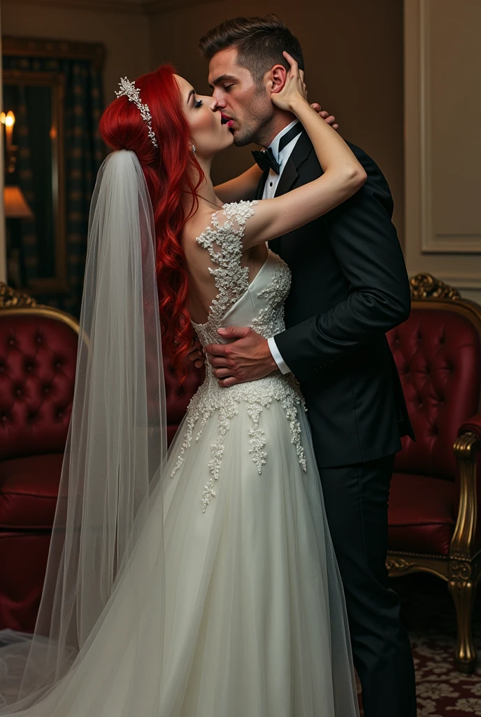 a picture of a vampire bride biting her groom, a female vampire bride (best details, Masterpiece, best quality) vampire female in a white wedding dress with bloody gown (best details, Masterpiece, best quality: 1.5), best detailed face (best details, Masterpiece, best quality: 1.5), blood on face, ultra feminine, pale skin, red haired, long hair, wedding hair cut style, blue eyes, intense eyes, wearing (white latex wedding dress: 1.4) bloody gown (best details, Masterpiece, best quality: 1.3), (wearing white high heels: 1.4), in the honeymoon suite (best details, Masterpiece, best quality: 1.4), biting the the groom, bloody face, BREAK a beautiful human man (best details, Masterpiece, best quality: 1.5), ultra detailed face (best details, Masterpiece, best quality: 1.4), wearing a wedding tuxedo (best details, Masterpiece, best quality), honeymoon suite background