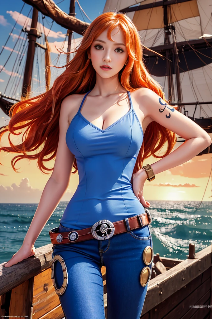 (((masterpiece+highest quality+High resolution+super detailed))), we\(one piece\), long silky orange hair, high nose, clear eyes, noble and inviolable temperament, (([woman]: 1.2 + [beauty]: 1.2 + orange long hair: 1.2)), pirate ship background, (one piece), pink sky, bracelet, Bubble, cloud, denim, pants, shoulder tattoo, bright eyes, dywec angle and posture. name wallpaper 