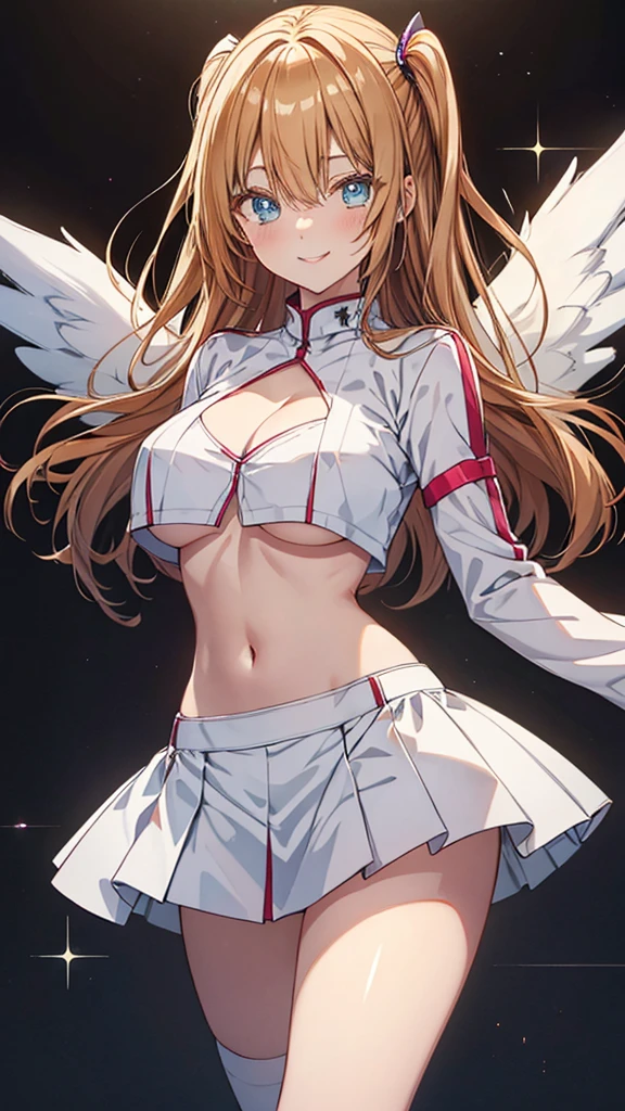 Liliel,blue eyes,light brown hair,long hair,two side up,large breasts,slender,(white crop top),cleavage,(underboob),midriff,navel,(white mini skirt),thighs,Angel Wings,smile,masterpiece,Noise Reduction,perfect anatomy,high resolution, ultra-detailed, ultra-detailed face,game cg,dutch angle ,beautiful detailed eyes,visualart,five fingers, perfect hands, perfect lighting, sparkling pupils,