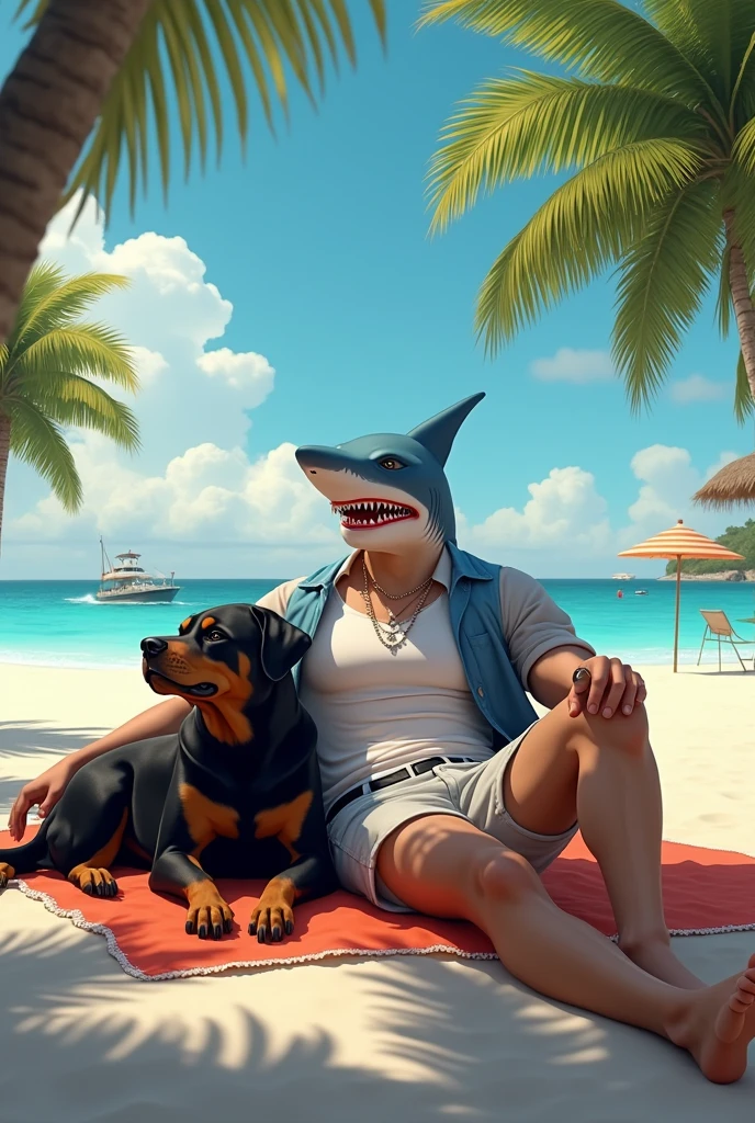 A shark boy gentlemen on the beach island
Chill with his rotweiler dog