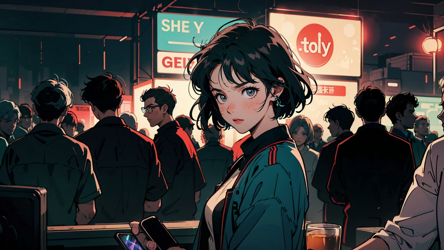 Upper body shot of a heartbroken young woman in a Tokyo nightclub, positioned left. She's turning towards the camera, her face showing melancholy and defiance. Wearing a shimmering top reflecting neon lights. Disheveled hair from dancing. Right side and background filled with dark silhouettes of other clubgoers. Moody, electric atmosphere with pulsing lights. Her isolation emphasized amidst the busy, blurred crowd