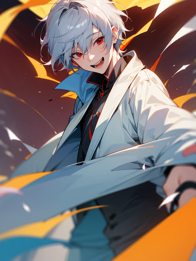 high resolution,2d,Cool guy,20th Generation,short hair,Silver Hair,Red eyes,yukata,He is laughing a little、Upper Body、festival、walking、