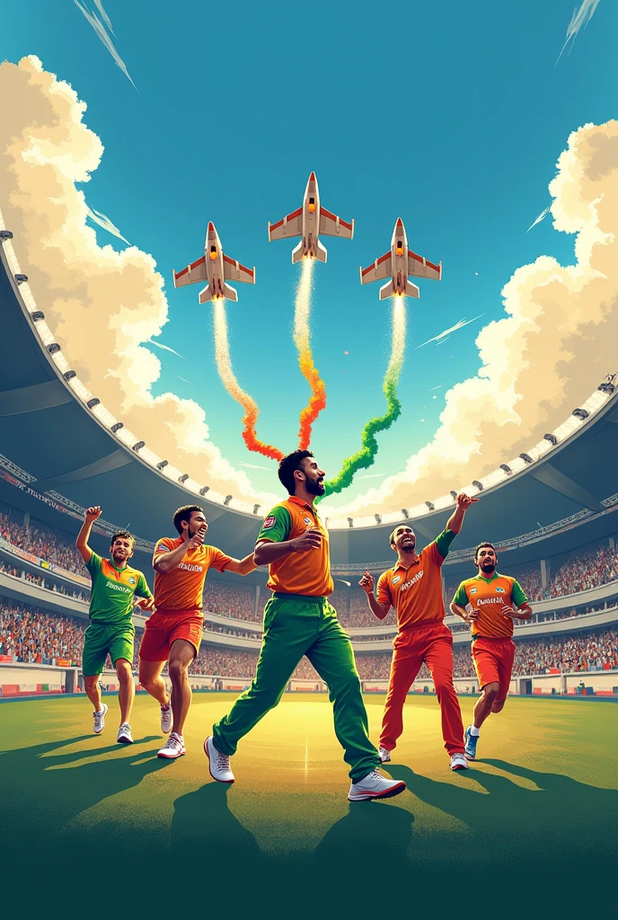 In background one stadium with colour of saffron, white and green. Where first half of image Indian cricket team celebrating T20 worldcup wining movment and second part of images Indian athelete medal winning movment in Paris Olympic 2024. On top along with clouds 3 fighting jet flying with releasing fogg in saffron, white and green colour respectively.