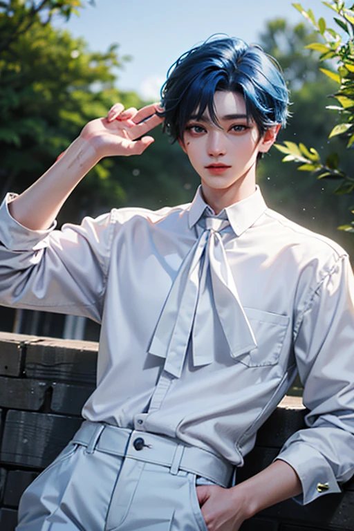 Blue-haired, white skin, age 23, super detail, masterpiece, 8k, 1 boy, handsome, Idol appearance, High Quality, Refreshing, white shirt, black pants, Black tie, Korean-like appearance, Leaf cut