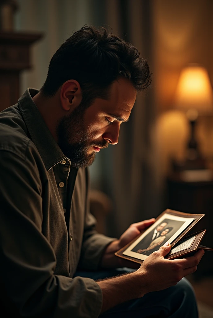 A man seeing his father and mother photo in his wallet