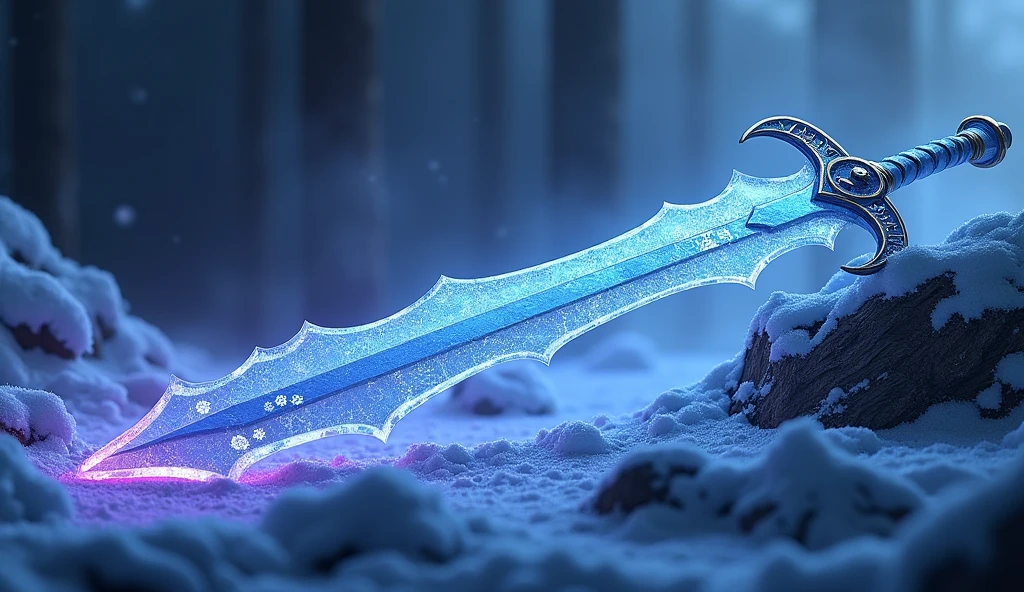 １Book sword、A sword large enough for a human to hold、Realistic、With icy blue reflections. The handle is very elegantly decorated、It&#39;s like it&#39;s made of ice. The top of the blade has bear paw prints engraved on it.、Snow Mountain、The sheath is long、The sword is on the ground、night、It emits a purple miasma、Radiant