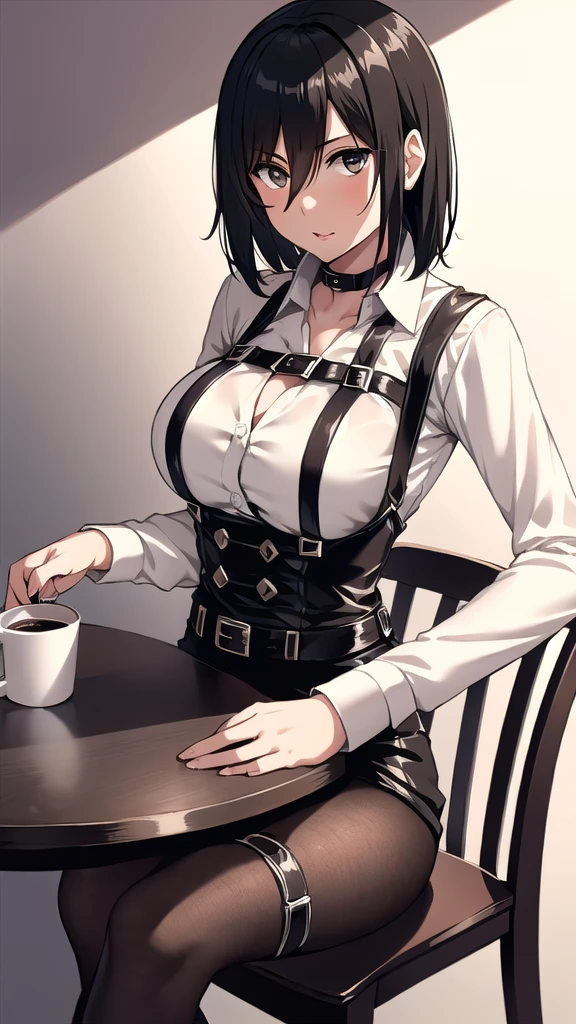 mikasa ackerman, shingeki no kyojin, 1girl, bangs, belt, belt buckle, black eyes, black hair, medium hair, shirt, solo, straight hair, suspenders, , white background, brown shirt, skirts, cafe, table, Hands on the table, chocker, braslets, Looking at the viewer, chair, wall, sit, drink coffee, a cup, 

, ((masterpiece)) 
