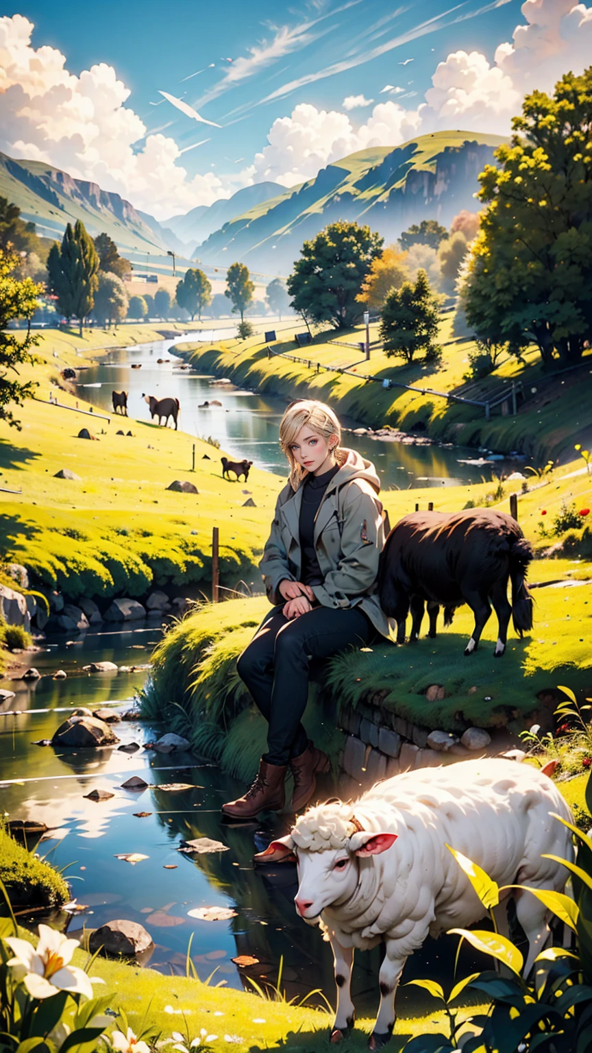 smali(24 year old Caucasian female)He makes his flock of white sheep rest by the stream, Near a vast green pasture, There is a valley of dark clouds in the distance, There's an abyss beneath the valley, Dark Clouds of the Abyss, HD detailed, Super detailed, Soft Light, Deep focus bokeh, Ray Tracing. --v6、Attractive Young Woman, (Beautiful Face:1.1), Detailed eyes, Seductive lips, (eye make up:1.2), (Medium chest:1.0), (Toned body:1.2), Sexy proportions、Narrow waist、Platinum Blonde