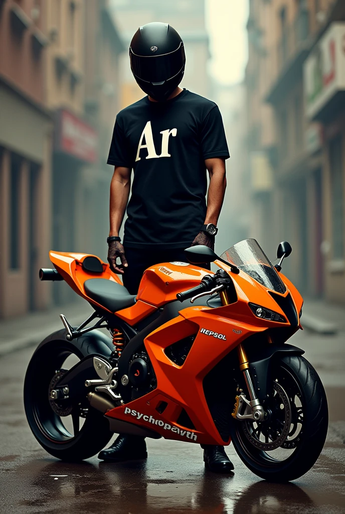 A man in a black shirt with the words Ar written on it.Mubarak wearing a black helmet and standing on an orange Repsol CBR motorbike with the words psychopath written on it