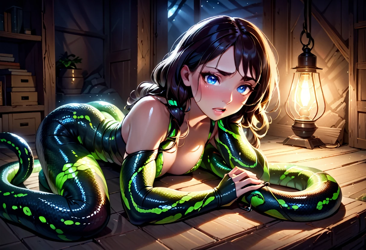 The creature wraps her up in its tentacles like a boa constrictor as it draws her up to its eyes, its bioluminescence the primary light in the mostly barren attic. Katie does her best to stop her struggling against the muscular coils in the hopes they release a little.