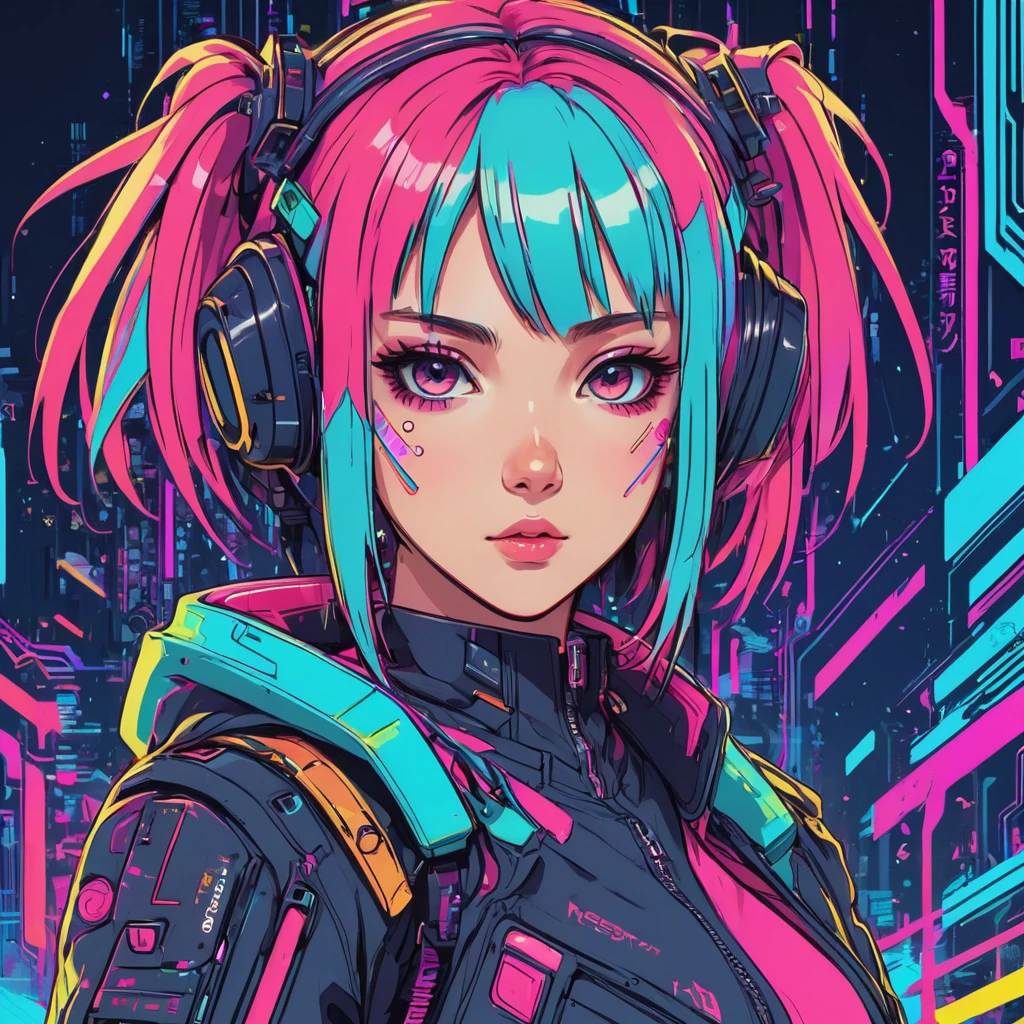 anime, an girl, kawaii, cyberpunk, colorful, ink paint line art, vector art, thick lines, glitch art, flat colors, key visual, vibrant, technical drawing, line art, minimalist, masterpiece,