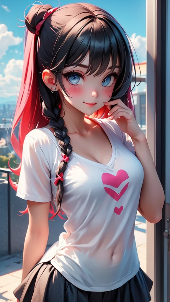 masterpiece, best quality, ultra-detailed, illustration, beautiful detailed eyes, 1girl, 22 years old, twin braided platinum hair, detailed balcony scenery, open chemise shirt, sunlight, cloudy sky, bigchests, microskirt, shy, smiling, full-face blush, heart-shaped pupils, add_detail:1, add_detail:0, add_detail:0.5, crop shirt, crop top