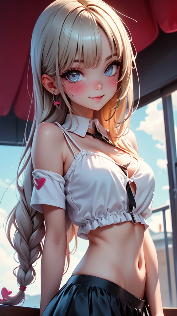 masterpiece, best quality, ultra-detailed, illustration, beautiful detailed eyes, 1girl, 22 years old, twin braided platinum hair, detailed balcony scenery, open chemise shirt, sunlight, cloudy sky, bigchests, microskirt, shy, smiling, full-face blush, heart-shaped pupils, add_detail:1, add_detail:0, add_detail:0.5, crop shirt, crop top