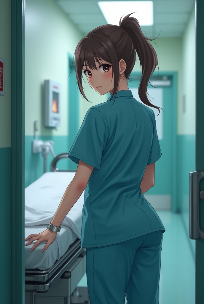 (best quality, 8k, masterpiece), (26-year-old nurse:1.3), (scrubs:1.3), brown hair, ponytail, (pushing stretcher:1.3), (surgical room entrance:1.2), focused expression, (hospital lighting:1.1)