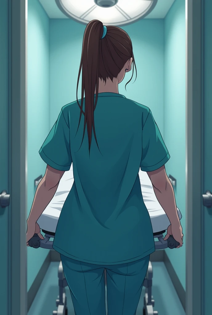 (best quality, 8k, masterpiece), (26-year-old nurse:1.3), (scrubs:1.3), brown hair, ponytail, (pushing stretcher:1.3), (surgical room entrance:1.2), focused expression, (hospital lighting:1.1)