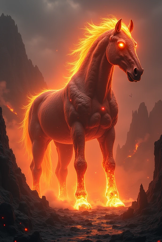 Gigantic dangerous and horrific cross between  horse and magma with scary background 