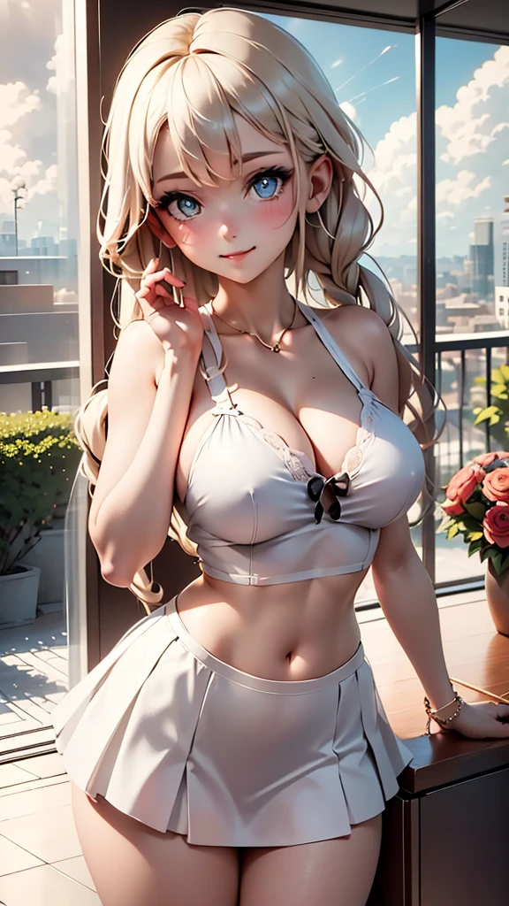 masterpiece, best quality, ultra-detailed, illustration, beautiful detailed eyes, 1girl, 22 years old, twin braided platinum hair, detailed balcony scenery, open chemise shirt, sunlight, cloudy sky, bigchests, microskirt, shy, smiling, full-face blush, heart-shaped pupils, add_detail:1, add_detail:0, add_detail:0.5, crop shirt, crop top