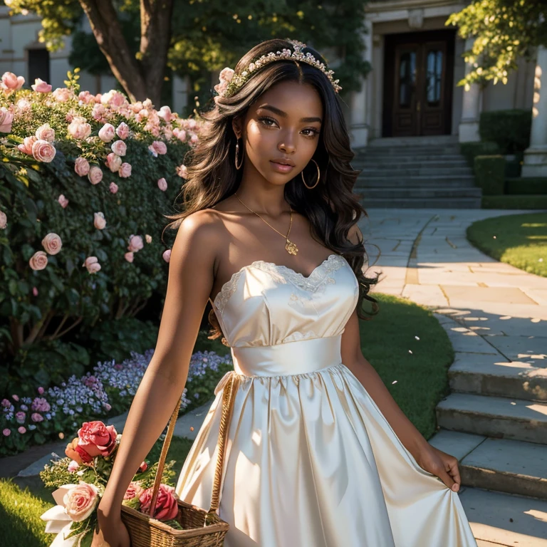 (​masterpiece, best quality:1.5), highest quality, High resolution, super detailed, Realists, Upper body photo of a 22 year old black flower girl, dark skin, detailed and beautiful eyes, beautiful detailed lips, very detailed eyes and face, longeyelashes, 22-year-old woman in a golden short dress made of shiny satin fabric, Beautiful and colorful makeup, elegant and noble々Pose,shiny satin headband, grind, Holding flowers, Gardens as background, soft daylight, bright colors, fine brushstrokes, Portrait style, Noble details in the dress fabric, beautiful color palette, glowing skin, First-class rendering, that captures every detail, enchanting atmosphere, subtle shadows and lights, (perfect anatomy:1.2), (The stunning 22-year-old flower girl carries a basket of rose petals. (magnificent panorama view:1.2)