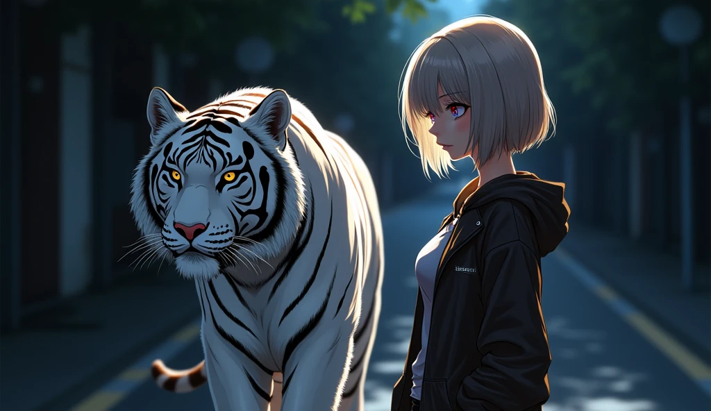 woman, Convert to anime style, Next to her is a white tiger, standing in a dark street, Backlight background, emphasize the subject, High contrast color,