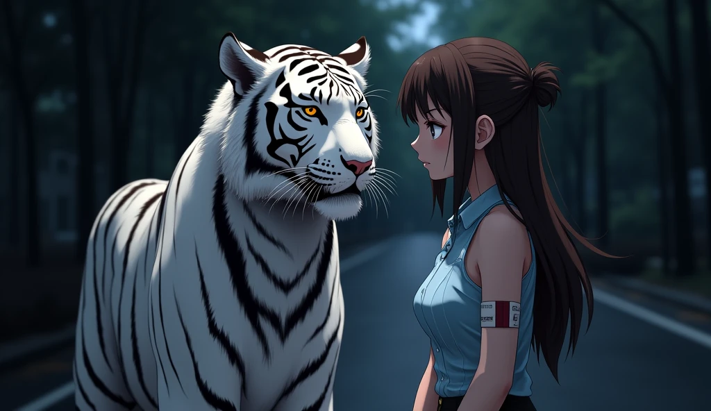 woman, Convert to anime style, Next to her is a white tiger, standing in a dark street, Backlight background, emphasize the subject, High contrast color,