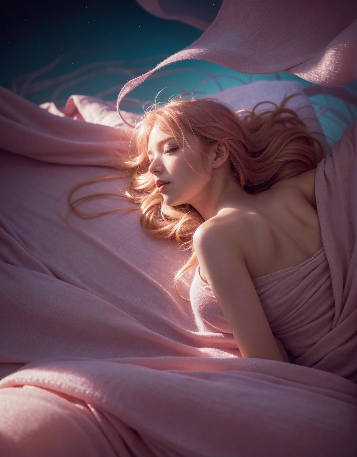 （200mm lens：1.0）, f/1.4, (Photorealistic:1.4), (deep depth of field:1.4), (Surreal:1.4), (Smooth lighting:1.05),(Highest quality, masterpiece, Natural light: 1.0), Soft lighting, Backlight, A beautiful young girl dreaming with pink ribbons floating around her, in a surreal dreamscape. The girl has a serene and peaceful expression, lying in a fantastical environment with soft, ethereal lighting and dreamlike elements such as floating ribbons, pastel colors, and whimsical scenery. The image should be photorealistic, with detailed textures and realistic lighting effects.