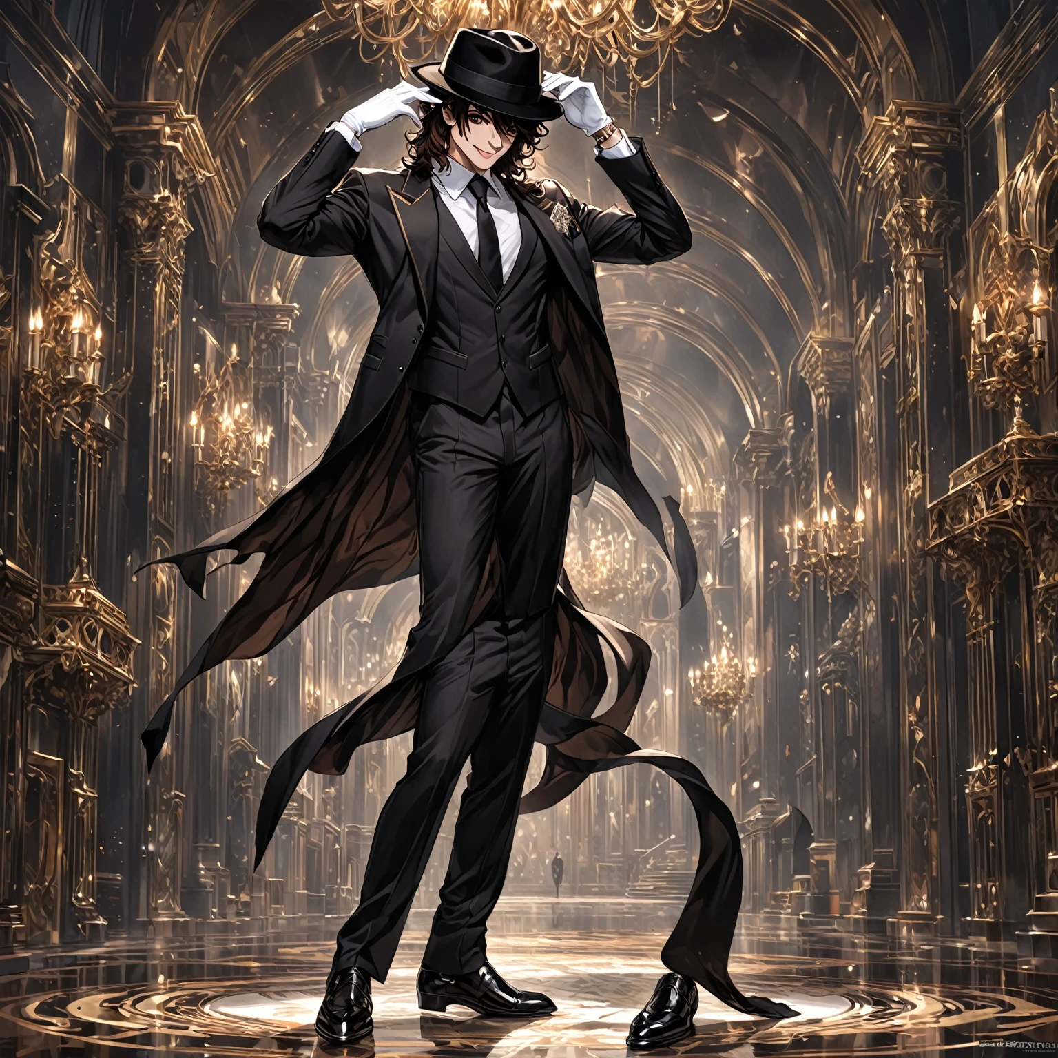 masterpiece, best quality, good quality, Highly detailed, shadowverse style, male, brown eyes, brown hair, modern aesthetic, evil smile, black formal suit with tie, white gloves, full body art, painted toe nails, wear black fedora hat, standing pose, solo, hand holding hat, michael jackson style hair