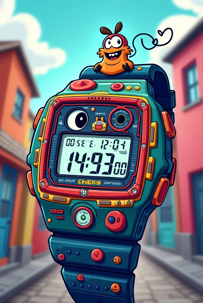 Put 5 new elements on casio chain watch in cartoon style

