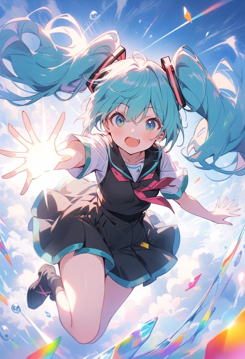 ((hatsune miku)), Frontal, jumping motion, floating hair, cosmic colored eyes, black color sailor uniform, pale skin, tired face, no shine in the eyes, looking up at the sky, beautiful sky, beautiful clouds, summery colorful flowers are blooming, crystal clear bubbles are shining prism here and there in the sky, the noonday moon and noonday stars in the sky, at messy downtown, 8k,wallpaper of extremely detailed CG unit, ​masterpiece,hight resolution,top-quality,top-quality real texture skin,hyper realisitic,increase the resolution,RAW photos,best qualtiy,highly detailed,the wallpaper,cinematic lighting,ray trace,golden ratio, long shot, 